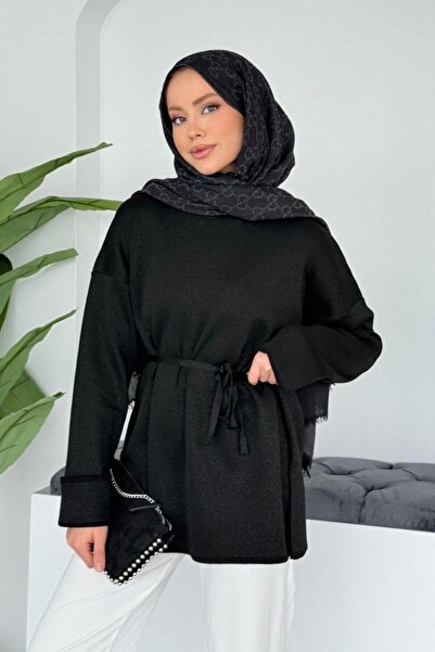 Şulemoda Giyim Zerda Sleeve Folded Glittery Casual Tunic Black