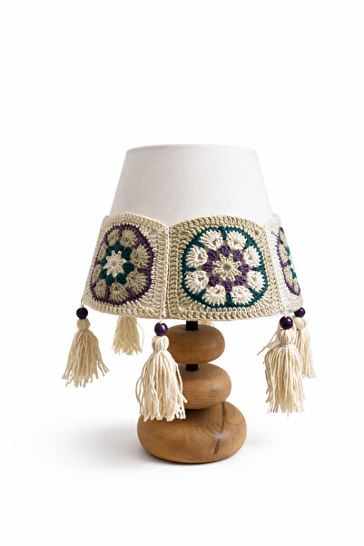 nijiartdesign Yuvarlak Doğal Ahşap Altlı Kroşe Motifli Püsküllü Rustik Görünü...