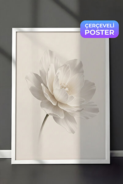 Zestia Beyaz Çerçeveli Duvar Tablosu Beyaz Lotus Sessizliği Nötr Minimal Çiçe...