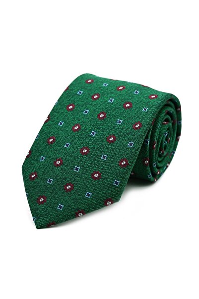 Sade Kravat Yeşil Bordo Mavi Beyaz Çiçek Desenli Özel Dokuma Kravat 32811 Yeşil