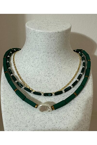 KARE ACCESORIES مجموعة قلادة من الحجر الطبيعي الهيماتيت الأخضر وسلسلة ذهبية