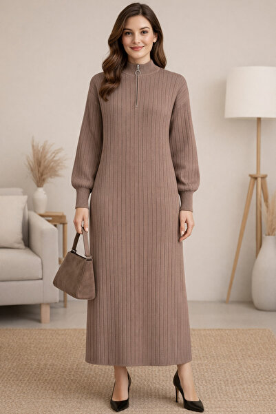 semela Thick Terry Fabric Standing Collar Zippered Knit Dress