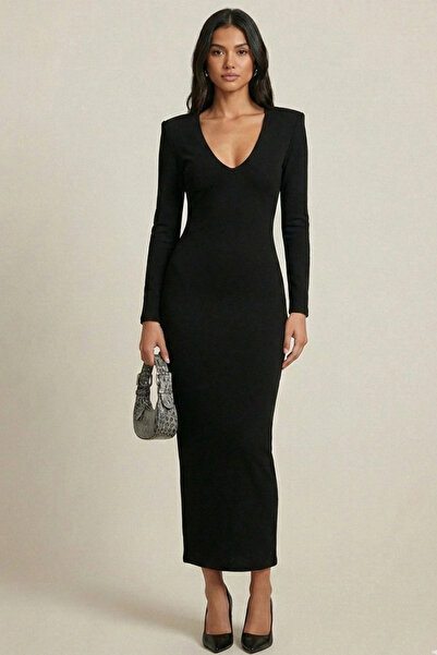 MetuCA Women's Black V-Neck Long Sleeve Sandy Fabric Maxi Dress