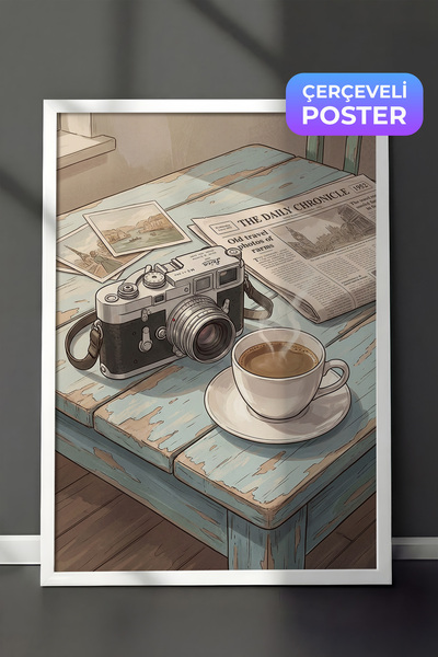 Zestia Tablou de perete cu ramă albă, aparat foto vintage și pauză pentru caf...