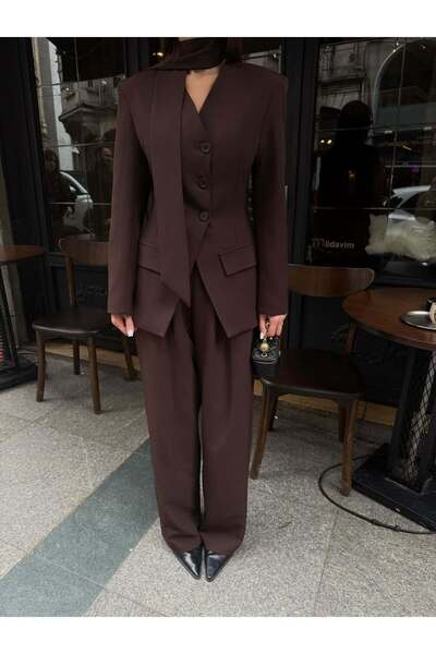 Julidress Set premium din 3 piese: Jachetă maro cu șal, cu decolteu în V și p...