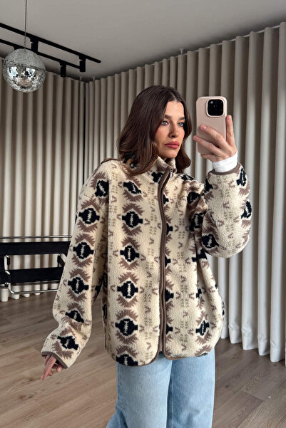 Sue Store Beige Black Patterned Zippered Oversized Plush Sweatshirt