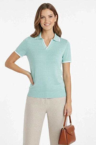 MODA Women's Knitwear Fabric Collared Buttonless Open Collar Corded Fabric Sh...