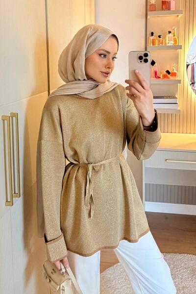 Şulemoda Giyim Zerda Sleeve Folded Glittery Loose Tunic Camel
