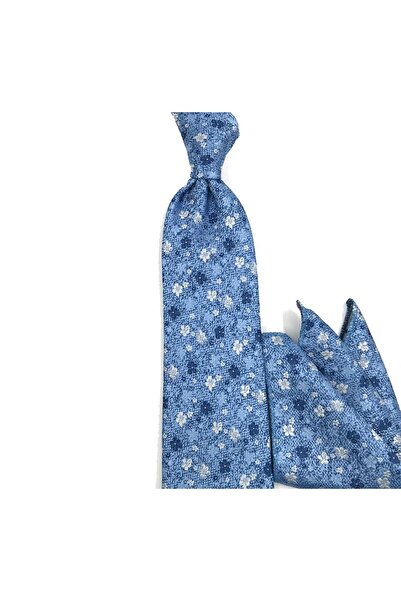 Sade Kravat Mavi Beyaz Lacivert Çiçek Desenli Mendilli Kravat 32810 Mavi