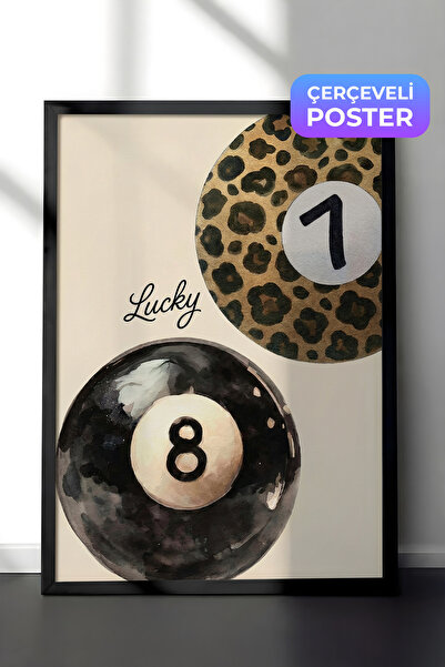 Zestia Siyah Çerçeveli Duvar Tablosu Lucky Yazılı Leopar Desenli Bilardo Topu...