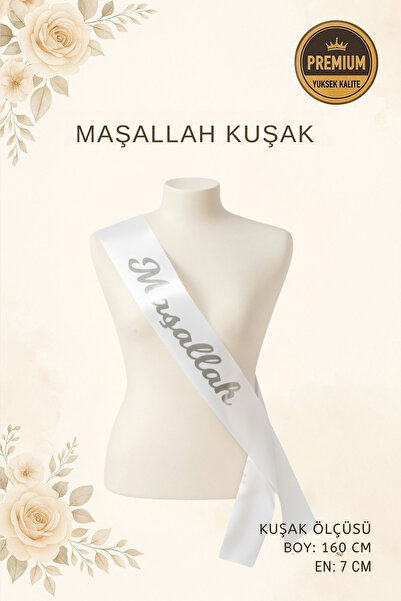 NEWPARİ Maşallah Yazılı Beyaz Üstüne Gümüş Yaldız Baskılı Sünnet ve Tören Kuşağı