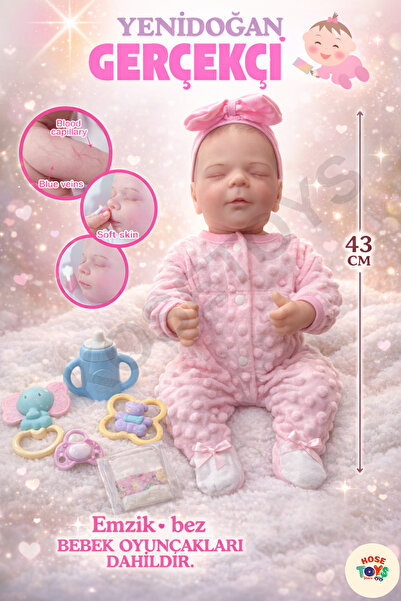 kosetoys Bebek oyuncağı Gerçekci hareketli silikon bebek( pembe tulumlu ) 43 ...