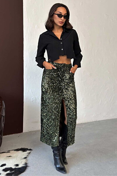 Caddebostan Moda Khaki Sequined Velvet Long Skirt Modern Premium Luxury Trend...