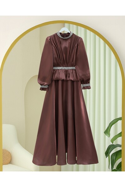 Modamorfo Beli Volan Detailed Stoned Janjan Satin Evening Dress -G.Kurusu