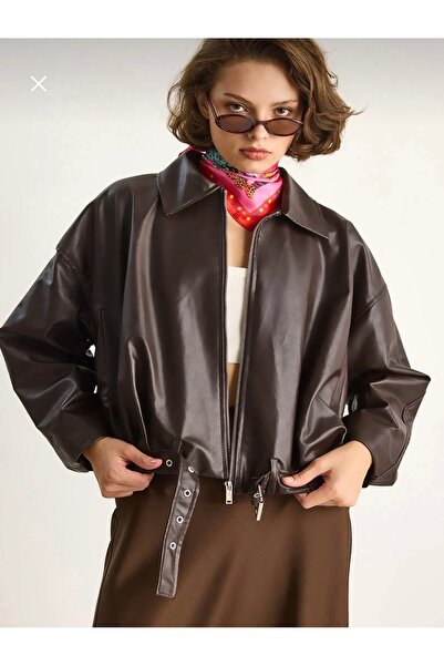 BZNspor Kadın Oversize Cepli Tokalı Deri Ceket