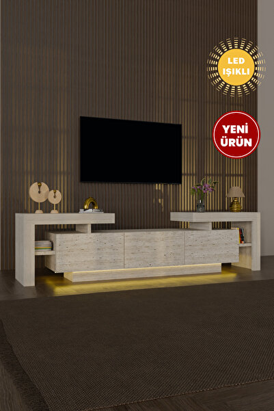 webotto 8 BulForte Led Işıklı Tv Ünitesi 190cm Modern 3 Kapaklı Raflı Uçan Tv...