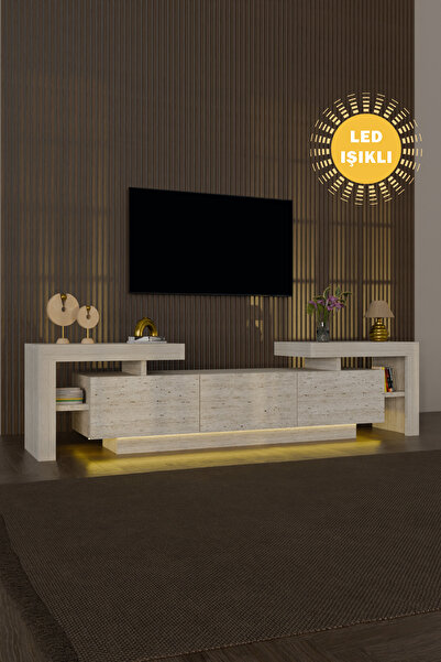 webotto 8 BulForte Led Işıklı Tv Ünitesi 190cm Modern 3 Kapaklı Raflı Uçan Tv Sehpası Traverten Desen