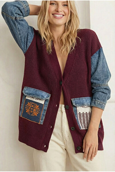 FEMELLE Women's Burgundy Denim Pocket Kilim Pattern Sleeves Denim Oversized B...