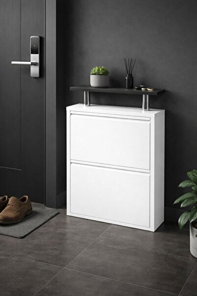 KARLI 2'li Beyaz Metal Ayakkabılık ( Üst Ahşap Tablalı )