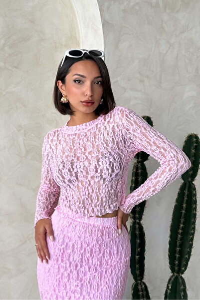 Caddebostan Moda Pink Long Sleeve Transparent Blouse Modern Premium Luxury Tr...