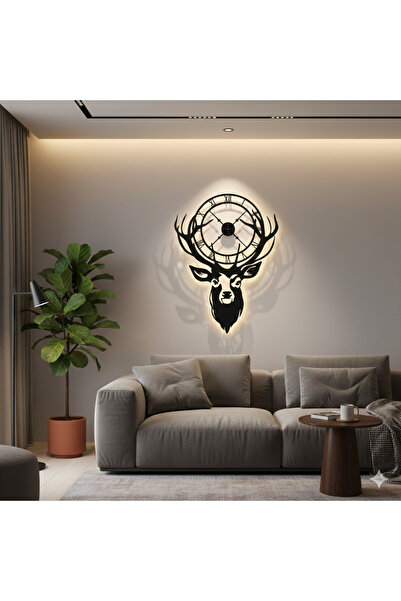 iclalofis Geyikli Ahşap Duvar Saati Ledli Modern İskandinav