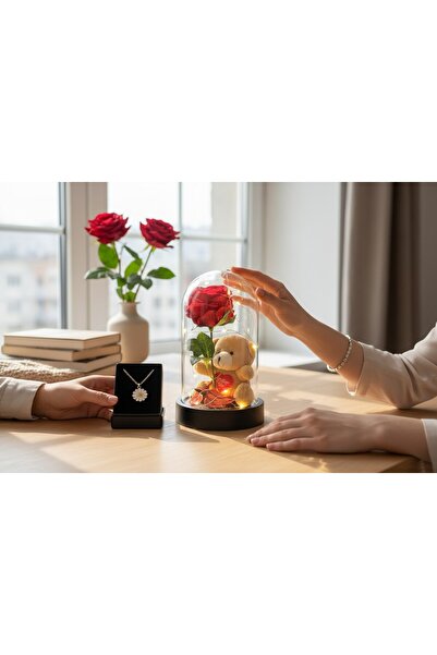 Masalsı Concept Sevgililer Günü Romantik Fanus Hediyesi | Işıklı Gül, Peluş A...
