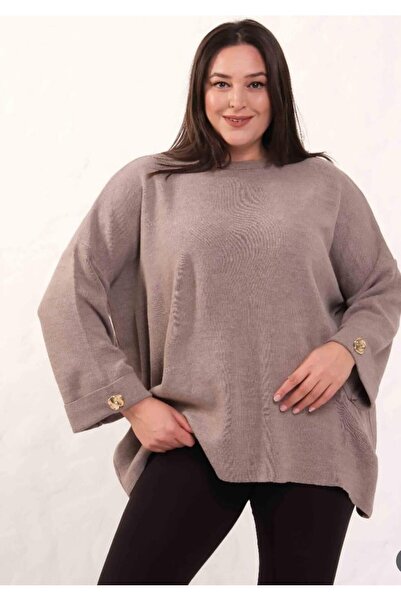 ZY BUTİK Mink Plus Size Round Neck Sleeve Cuff Button Detailed Loose Knitwear...