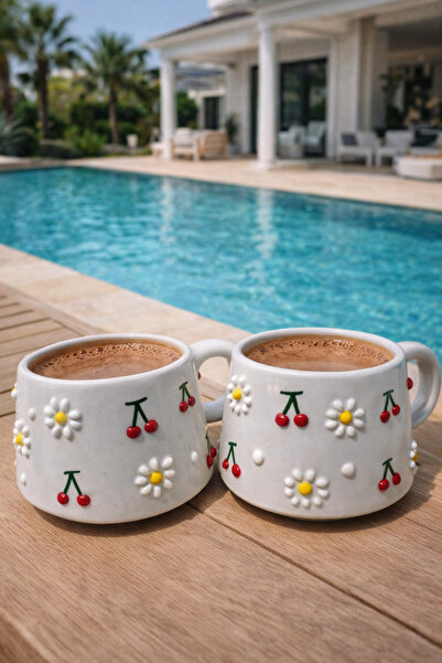 NİVRA GRUP (Set of 2) Handmade Ceramic Mug – Yellow Daisy and Cherry Patterne...