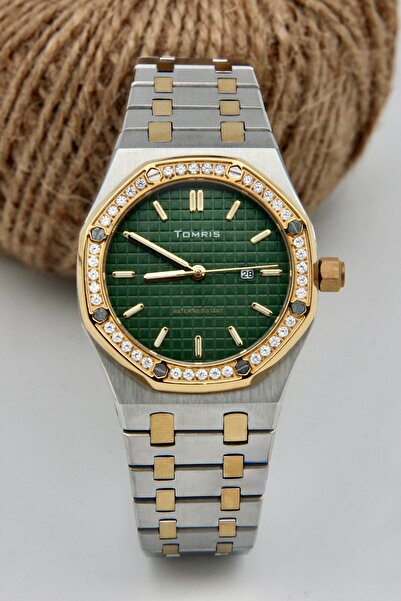 TOMRİS Stainless Steel, Water Resistant, Yellow Silver Color Band, Green Dial...