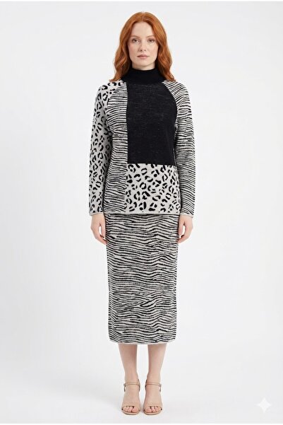 Neden Tekstil Zebra and Leopard Patterned Blocky High-Neck Knitwear Skirt Set