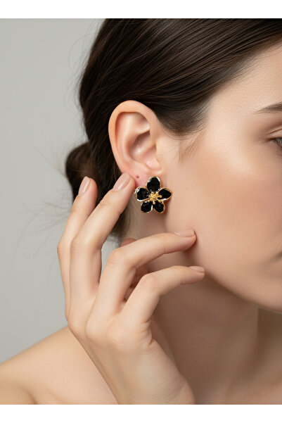LOREZIA Gold Color Stylish Enamel Women's Earrings with Black Flower Figures