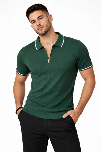 BLACK MODBLACK Men's Zippered Collar Terry Knit Short Sleeve Regular Fit T-Sh...