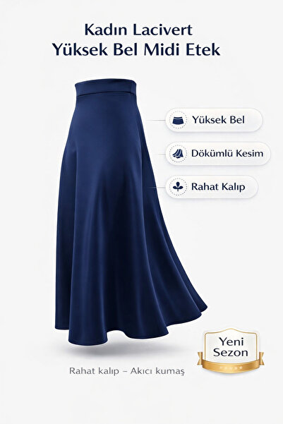 AYDENIZ Women's Draped Navy Blue Midi Skirt – Comfortable Fit