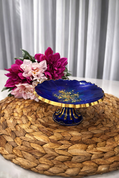 VİVA Lacivert Gold Detaylı Ayaklı Sunumluk – El Yapımı Dekoratif Epoksi Kase&...