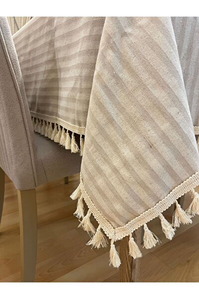Valerium Striped Linen Fabric Tassel Tablecloth 160 X 220 Beige