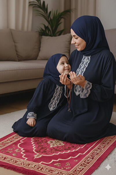kayde طقم فستان صلاة أنيق من الدانتيل للأم والابنة مع حجاب ذاتي الارتداء