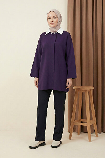 MODAQU Collared Buttoned Loose Knitwear Poncho - Purple