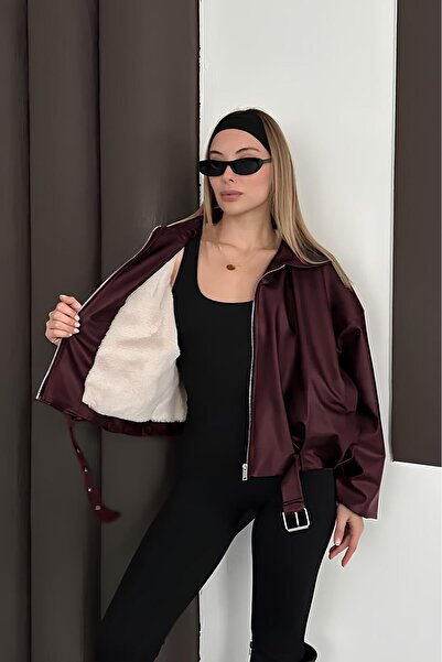 Helen Goods İçi Kürklü O Oversized Women's Leather Jacket Coat