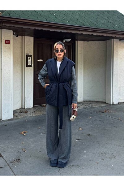 Modamistik Butik Triko Detaylı Lacivert Şişme Yelek