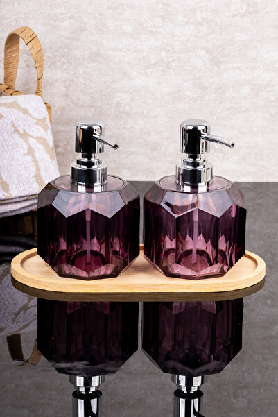 dnshome 2'li Mor Sıvı Sabunluk Seti Bambu Stantlı 300 ml Elmas Desenli Modern...