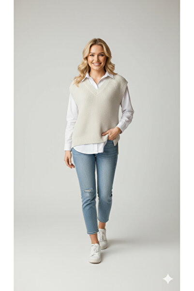 FİFTY ONE Women's Basic V-Neck Comfortable Fit Knitwear Sweater