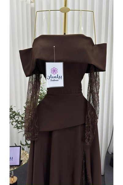 Bailsan Long brown taffeta dress with lace