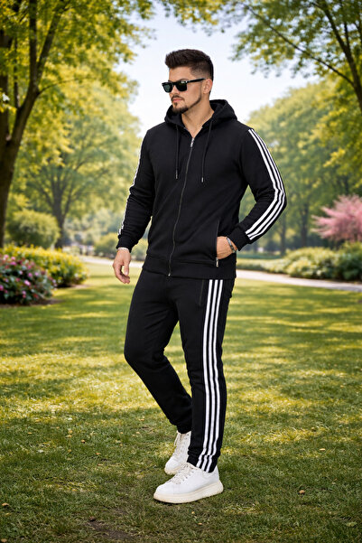 ORVIO Group Men's Tracksuit Set Hooded Zipper Sports Set Striped Casual Winte...