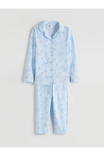 LC Waikiki Синя риза с яка и панделка Комплект пижама за момичета (S6)