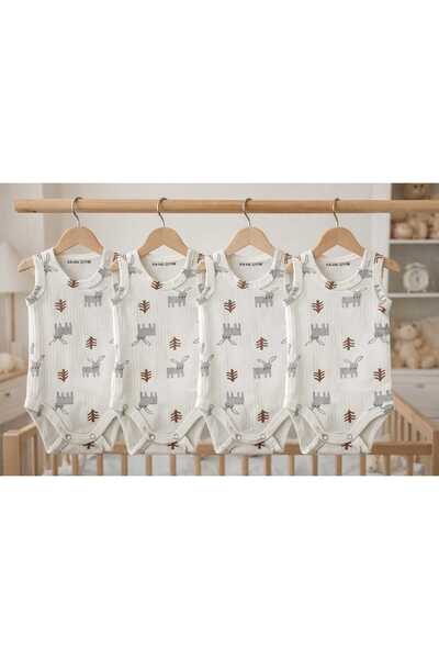KA-HA Giyim 100% Cotton / 4-Piece Snap-On Baby Bodysuit / Animal-Themed / Cot...