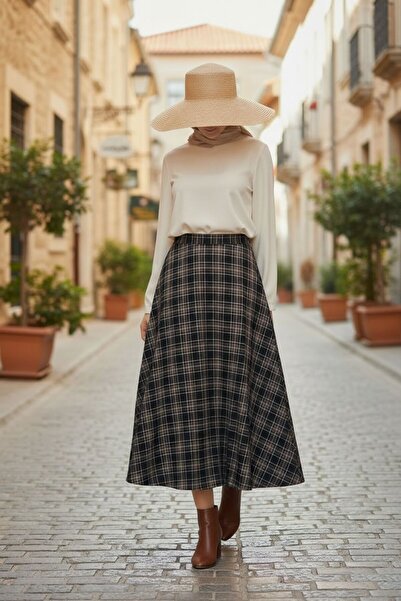 AYDENIZ تنورة نسائية متوسطة الطول بخصر عالٍ ونقشة منقوشة على شكل حرف A باللون...