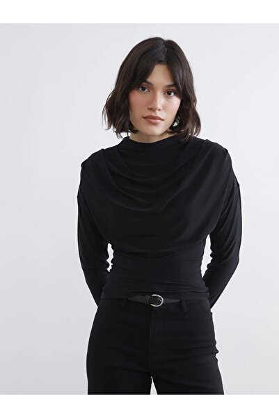 LC Waikiki Black Mock Neck Gathered Blouse (S6)