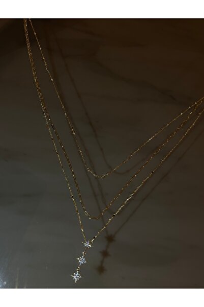 Dore Zirkon Taşlı Yıldız Detaylı Gold Çoklu Zincir Kolye