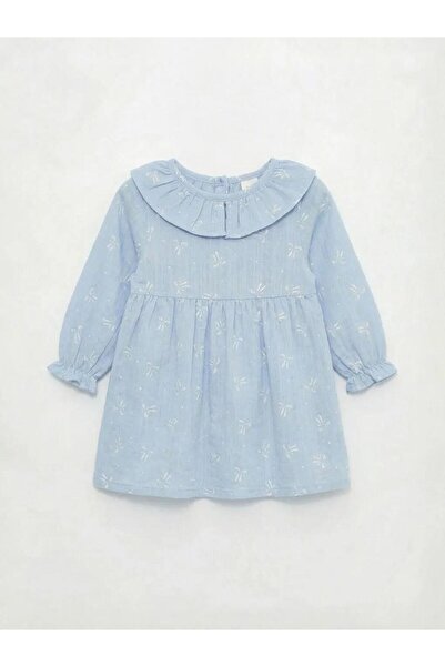 LC Waikiki Mavi Fırfırlı Bebe Yaka Desenli Kız Bebek Elbise (S6)