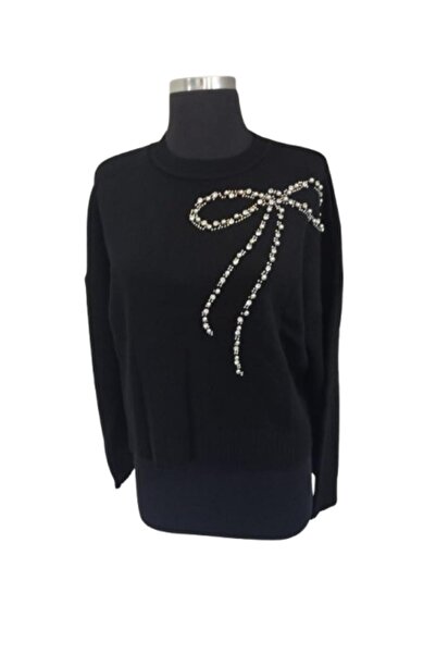 ZY BUTİK سترة سوداء مزينة بفيونكة وتفاصيل حجرية